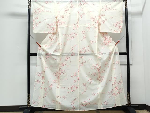 平和屋着物＊夏物　小紋　絽　舞蝶草葉文　洗える着物　CABJ0820th