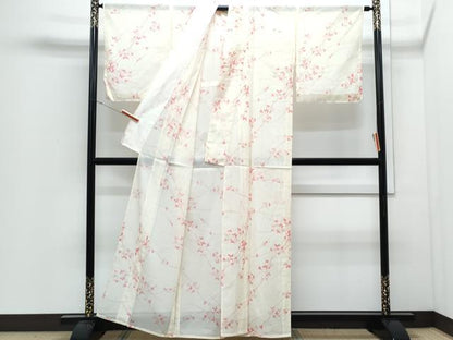平和屋着物＊夏物　小紋　絽　舞蝶草葉文　洗える着物　CABJ0820th