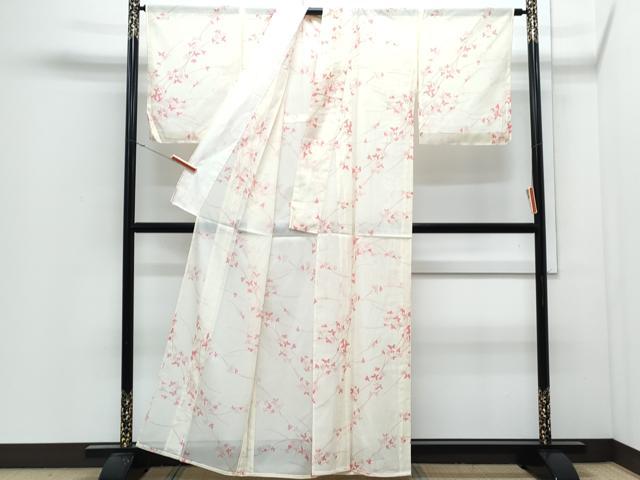 平和屋着物＊夏物　小紋　絽　舞蝶草葉文　洗える着物　CABJ0820th