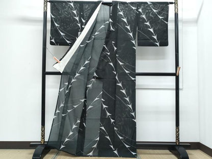 平和屋着物＊夏物　小紋　絽　飛鶴文　黒地　洗える着物　CABJ0828th