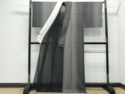 平和屋着物＊夏物　小紋　絽　吉祥文　黒地　ロング丈　正絹　逸品　CABJ0865th