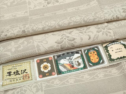 平和屋着物▽本塩沢　単衣　横段花文　証紙付き　正絹　逸品　CABJ0891th