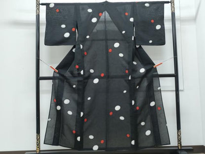 平和屋着物＊夏物　小紋　紗　あられ　黒地　正絹　逸品　CABJ0902th