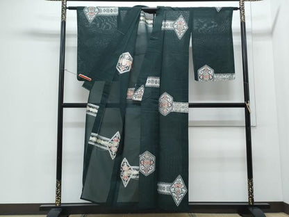 平和屋着物＊夏物　小紋　紗　吉祥花文　銀糸　正絹　逸品　CABJ0909th