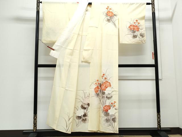 平和屋着物＊夏物　訪問着　絽　手描き　草花文　銀彩　正絹　逸品　CABJ0918th