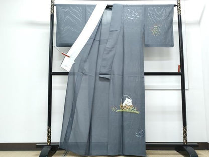 平和屋着物＊夏物　訪問着　絽　手描き　猫　カゴ　草花文　正絹　逸品　CABJ0931th