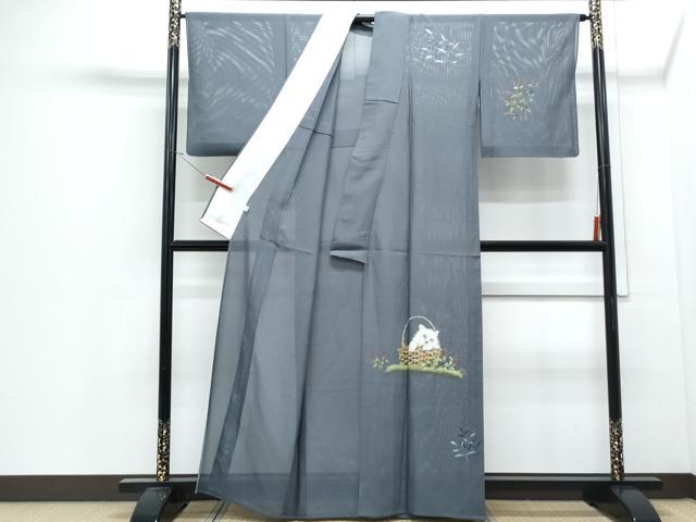 平和屋着物＊夏物　訪問着　絽　手描き　猫　カゴ　草花文　正絹　逸品　CABJ0931th