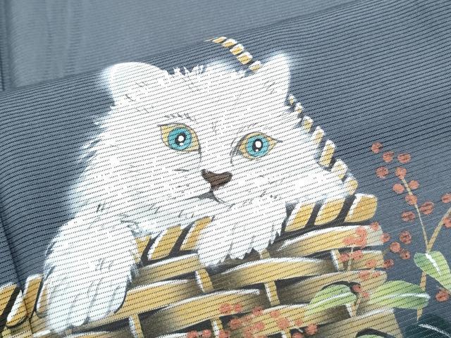 平和屋着物＊夏物　訪問着　絽　手描き　猫　カゴ　草花文　正絹　逸品　CABJ0931th