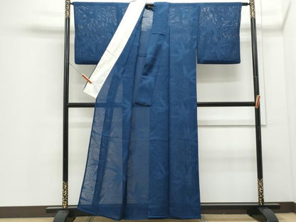 平和屋着物＊夏物　色無地　笹紋紗　青藍色　正絹　逸品　CABJ0949th
