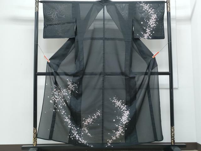 平和屋着物＊夏物　訪問着　絽　霞文　黒地　洗える着物　CABJ0959th
