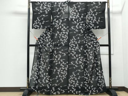 平和屋着物＊夏物　小紋　絽　枝葉文　黒地　正絹　逸品　CABJ0995th