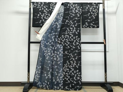 平和屋着物＊夏物　小紋　絽　枝葉文　黒地　正絹　逸品　CABJ0995th