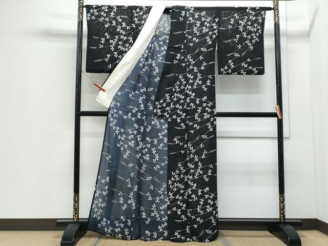平和屋着物＊夏物　小紋　絽　枝葉文　黒地　正絹　逸品　CABJ0995th