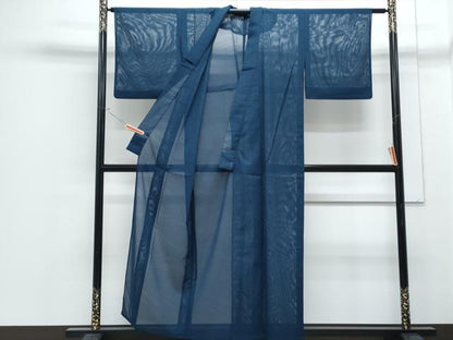 平和屋着物＊夏物　色無地　絽　流水紋紗　青藍色　洗える着物　CABJ0998th