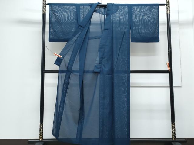 平和屋着物＊夏物　色無地　絽　流水紋紗　青藍色　洗える着物　CABJ0998th