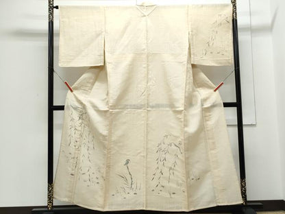 平和屋着物＊夏物　訪問着　生紬　紗　手描き　枝垂れ柳動物文　正絹　逸品　CABJ1029th