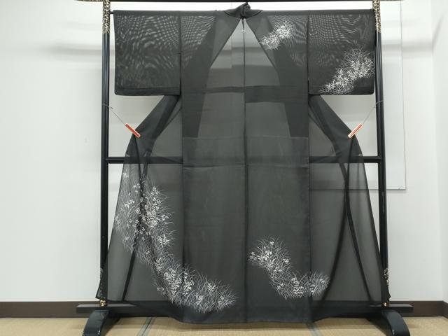 平和屋着物＊夏物　訪問着　絽　草花文　黒地　正絹　逸品　CABJ1040th
