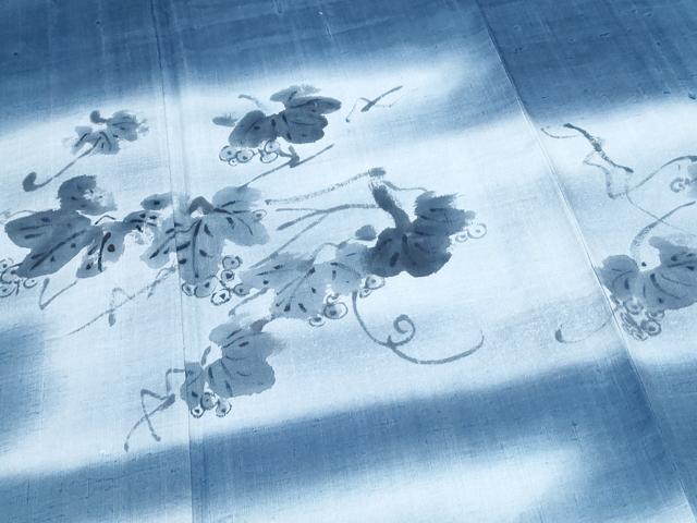 平和屋着物＊夏物　訪問着　生紬　紗　作家物　手描き　葡萄蔦の葉文　暈し染め　正絹　逸品　CABJ1043th