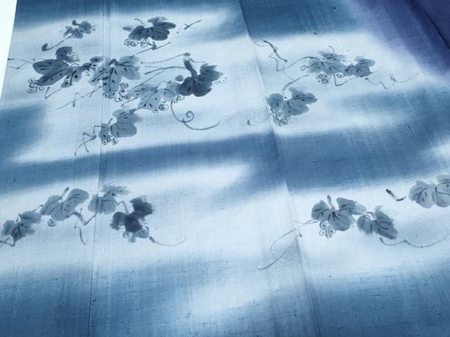平和屋着物＊夏物　訪問着　生紬　紗　作家物　手描き　葡萄蔦の葉文　暈し染め　正絹　逸品　CABJ1043th