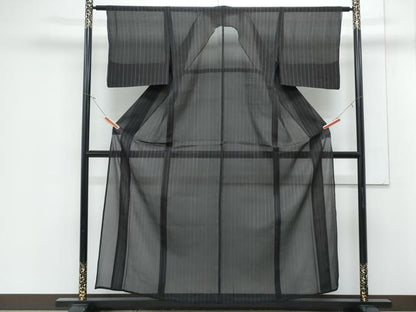 平和屋着物＊夏物　お召　紗　縞　黒地　正絹　逸品　CABJ1100th