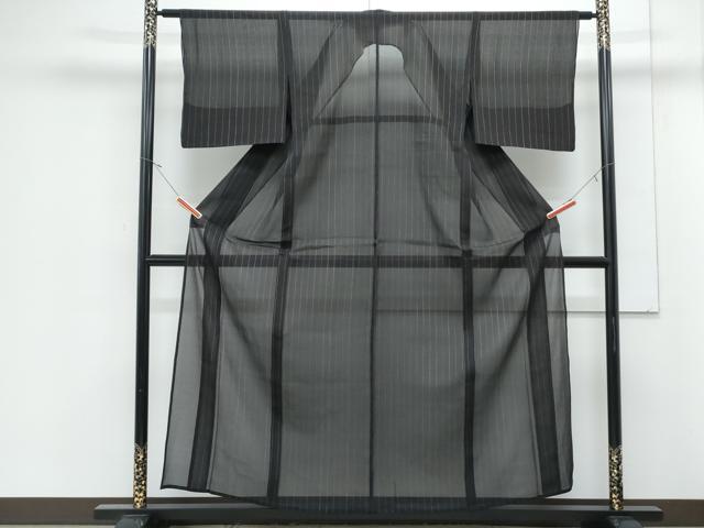 平和屋着物＊夏物　お召　紗　縞　黒地　正絹　逸品　CABJ1100th