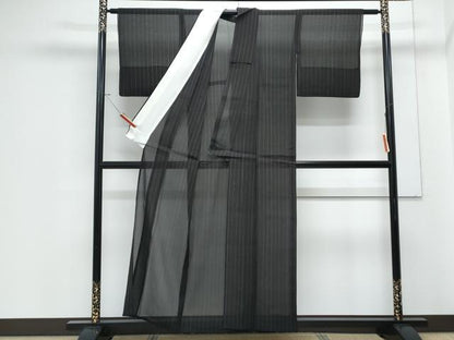 平和屋着物＊夏物　お召　紗　縞　黒地　正絹　逸品　CABJ1100th
