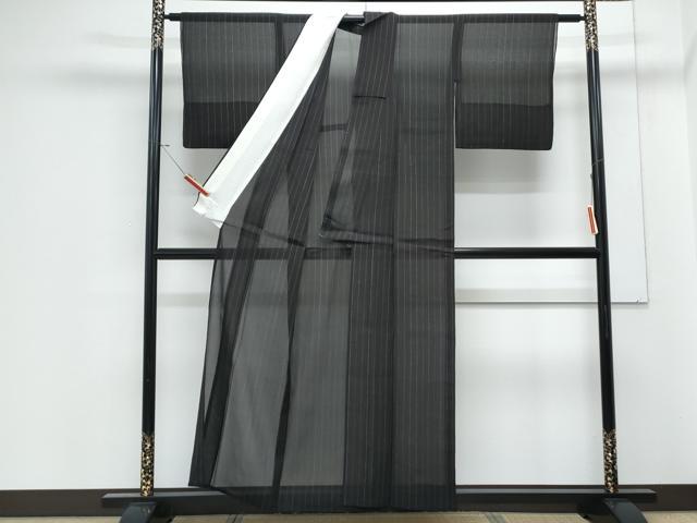 平和屋着物＊夏物　お召　紗　縞　黒地　正絹　逸品　CABJ1100th