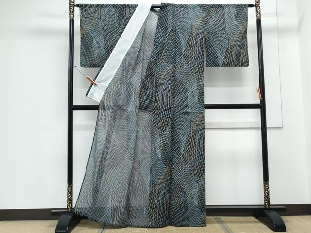 平和屋着物＊夏物　小紋　絽　抽象紋様　黒地　洗える着物　CABJ1118th