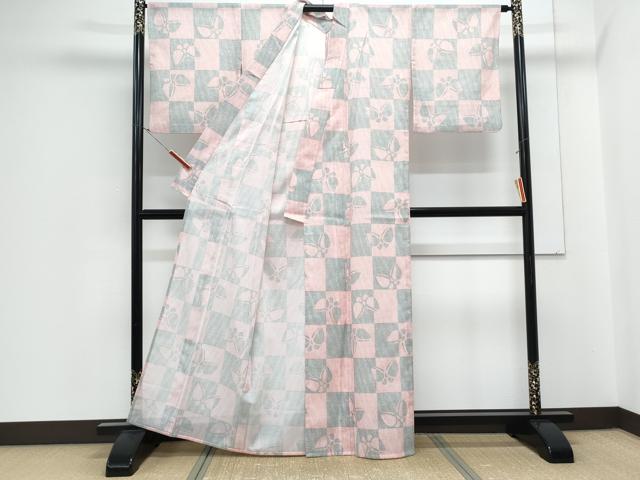 平和屋着物＊夏物　小紋　絽　市松舞蝶文　洗える着物　CABJ1125th