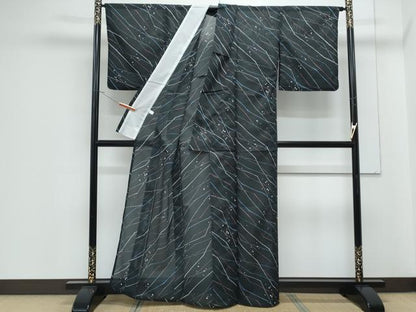 平和屋着物＊夏物　小紋　絽　吉祥文　黒地　洗える着物　CABJ1128th