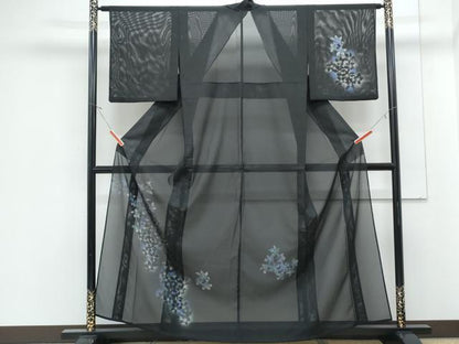 平和屋着物＊夏物　訪問着　絽　草花文　暈し染め　黒地　洗える着物　CABJ1130th