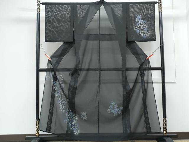 平和屋着物＊夏物　訪問着　絽　草花文　暈し染め　黒地　洗える着物　CABJ1130th