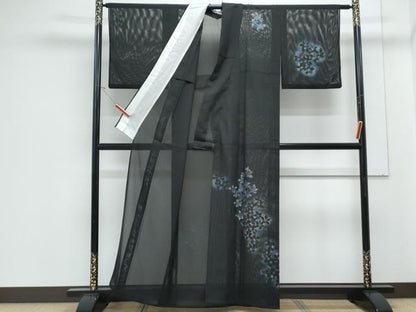平和屋着物＊夏物　訪問着　絽　草花文　暈し染め　黒地　洗える着物　CABJ1130th