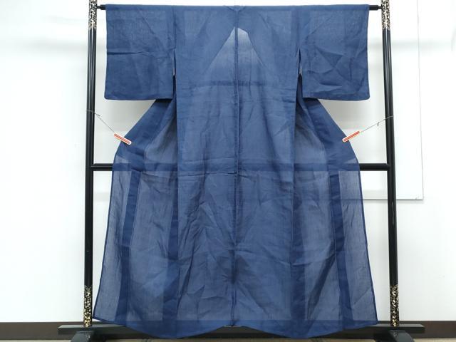 平和屋着物＊夏物　本場小千谷ちぢみ　色無地　瑠璃色　麻　逸品　CABJ1138th