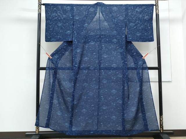 平和屋着物＊夏物　小紋　絽　藍　型染め　流水風景花文　正絹　逸品　CABJ1170th