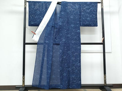 平和屋着物＊夏物　小紋　絽　藍　型染め　流水風景花文　正絹　逸品　CABJ1170th
