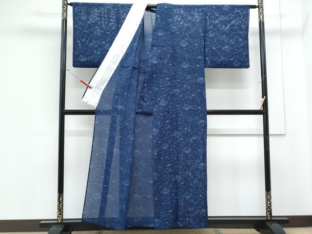 平和屋着物＊夏物　小紋　絽　藍　型染め　流水風景花文　正絹　逸品　CABJ1170th