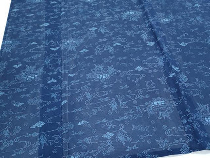 平和屋着物＊夏物　小紋　絽　藍　型染め　流水風景花文　正絹　逸品　CABJ1170th