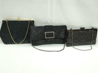 平和屋着物▼和装小物　和装バッグ　チェーンバッグまとめて３点　ビーズ刺繍　花　黒　逸品　CABJ1233ju