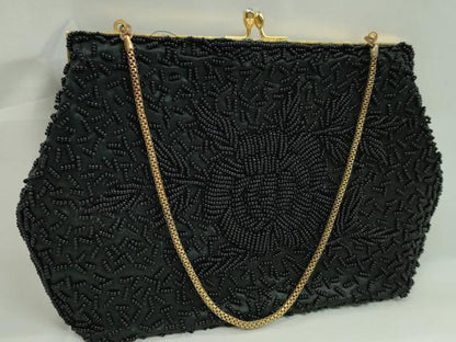 平和屋着物▼和装小物　和装バッグ　チェーンバッグまとめて３点　ビーズ刺繍　花　黒　逸品　CABJ1233ju