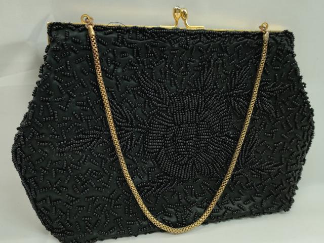 平和屋着物▼和装小物　和装バッグ　チェーンバッグまとめて３点　ビーズ刺繍　花　黒　逸品　CABJ1233ju