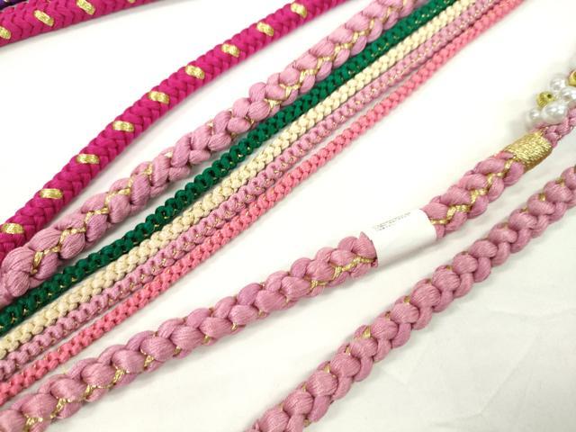 平和屋着物▼和装小物　帯締め３本セット　振袖用　飾り付き　飾り玉　パール　菖蒲色　薄ピンク　マゼンタ　金糸　逸品　未使用CABJ1250ju