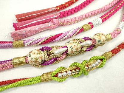 平和屋着物▼和装小物　帯締め３本セット　振袖用　飾り付き　飾り玉　パール　薄紅梅色　マゼンタ　金糸　逸品　未使用　CABJ1252ju