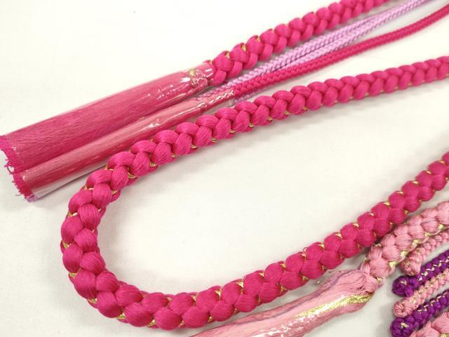 平和屋着物▼和装小物　帯締め３本セット　振袖用　飾り付き　飾り玉　パール　薄紅梅色　マゼンタ　金糸　逸品　未使用　CABJ1252ju
