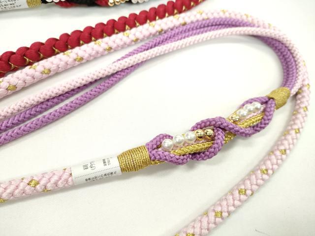 平和屋着物▼和装小物　帯締め３本セット　振袖用　飾り付き　パール　撫子色　濃紅　ルビー色　金糸　逸品　未使用　CABJ1253ju