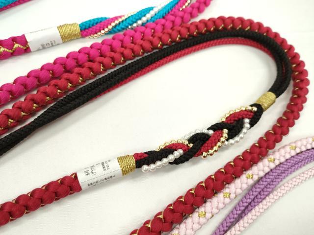 平和屋着物▼和装小物　帯締め３本セット　振袖用　飾り付き　パール　撫子色　濃紅　ルビー色　金糸　逸品　未使用　CABJ1253ju
