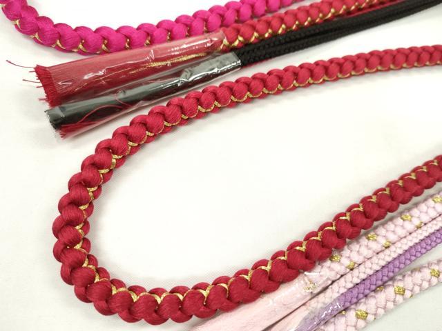 平和屋着物▼和装小物　帯締め３本セット　振袖用　飾り付き　パール　撫子色　濃紅　ルビー色　金糸　逸品　未使用　CABJ1253ju