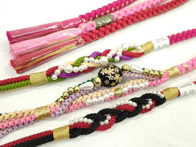平和屋着物▼和装小物　帯締め３本セット　振袖用　飾り付き　飾り玉　パール　赤　ピンク　ルビー色　金糸　逸品　未使用　CABJ1255ju