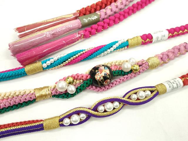 平和屋着物▼和装小物　帯締め３本セット　振袖用　飾り付き　飾り玉　パール　赤紫　緋色　躑躅色　金糸　逸品　未使用　CABJ1256ju