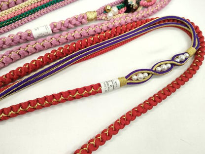 平和屋着物▼和装小物　帯締め３本セット　振袖用　飾り付き　飾り玉　パール　赤紫　緋色　躑躅色　金糸　逸品　未使用　CABJ1256ju
